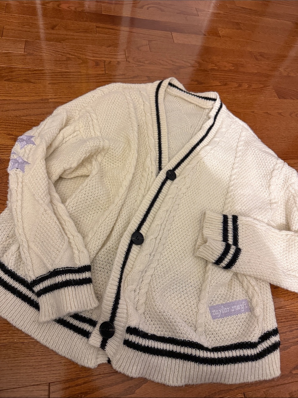 Taylor Swift folklore Cream Cable-Knit Cardigan with Black Trim s